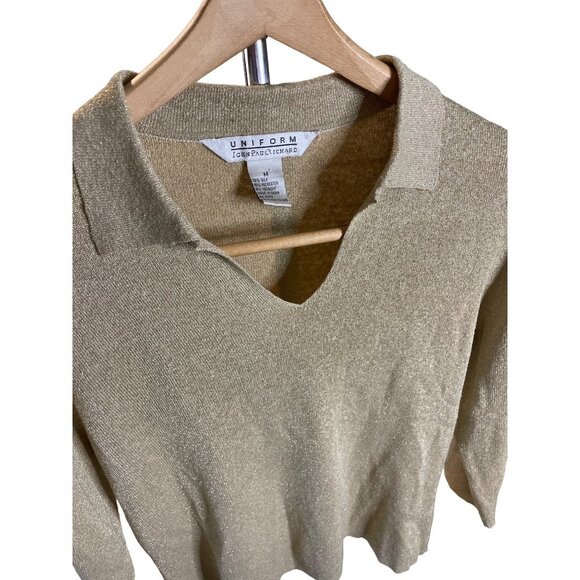 Vintage 90s John Paul Richard Gold Metallic Collared Pullover Silk Blend Top - Picture 4 of 9